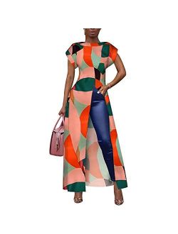 Women Short Sleeve Color Block Printed High Low Front Split Long Shirt Maxi Dress