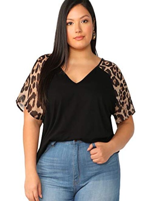 Romwe Women's Plus Size V-Neck Leopard Raglan Short Sleeve Blouse Casual Loose Shirt Tops