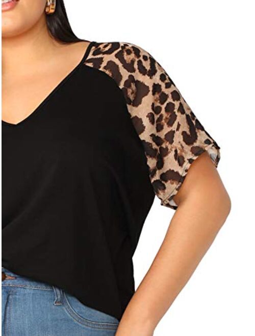 Romwe Women's Plus Size V-Neck Leopard Raglan Short Sleeve Blouse Casual Loose Shirt Tops