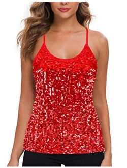 MANER Womens Sequin Tops Glitter Party Strappy Tank Top Sparkle Cami