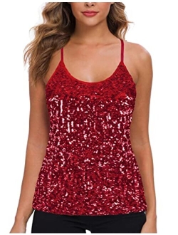 MANER Womens Sequin Tops Glitter Party Strappy Tank Top Sparkle Cami