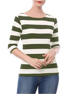 Women's Elbow Sleeves Striped T-Shirt Top Casual Basic Boat Neck Slim Fit Tee