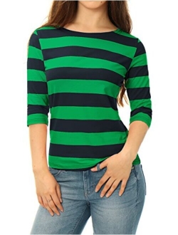 Women's Elbow Sleeves Striped T-Shirt Top Casual Basic Boat Neck Slim Fit Tee
