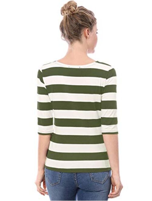 Allegra K Women's Elbow Sleeves Striped T-Shirt Top Casual Basic Boat Neck Slim Fit Tee
