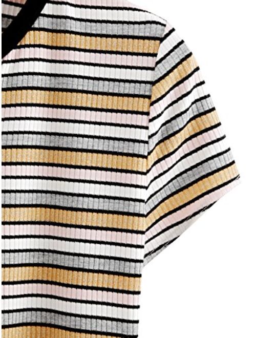 DIDK Women's Contrast Neck Rib Knit Striped Crop Tee Top
