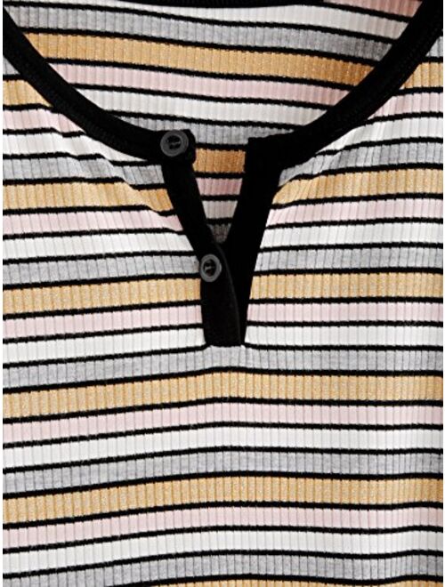 DIDK Women's Contrast Neck Rib Knit Striped Crop Tee Top
