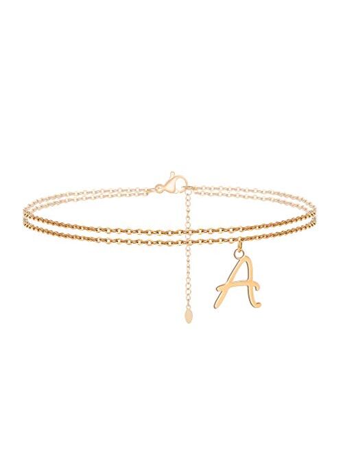 Ankle Bracelets for Women Initial Letter, 14K Gold Plated Initial Anklets Stainless Steel Letter Symbol Pendant Bracelet Double Layer Chains Birthday Gifts for Women Teen