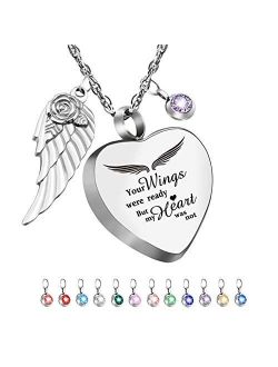 Dletay Heart Urn Necklace for Ashes with 12 Birthstones Cremation Jewelry for Ashes -Your Wings were Ready My Heart was Not