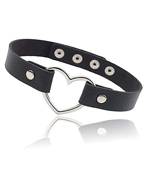 Bystar Unisex Choker Punk Rock Heart Genuine Leather Necklace Collar Necklace Black 