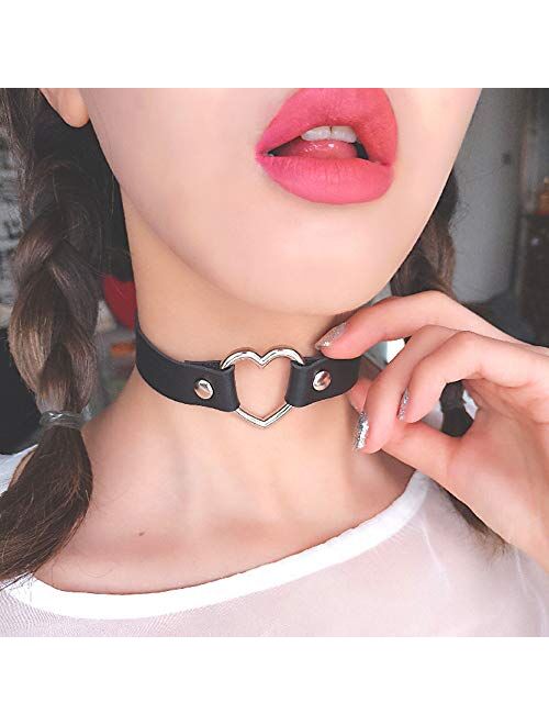 ETHOON Love Heart Adjustable Leather Choker Punk PU Necklace Goth Choker Soft Collar Chain for Women Girls