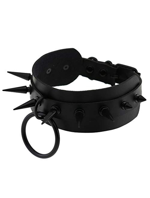 FM FM42 Punk Rock Gothic Emo Black-Tone/Silver-Tone Large O-Ring Spike PU Simulated Leather Choker Collar Necklace (15 Colors)