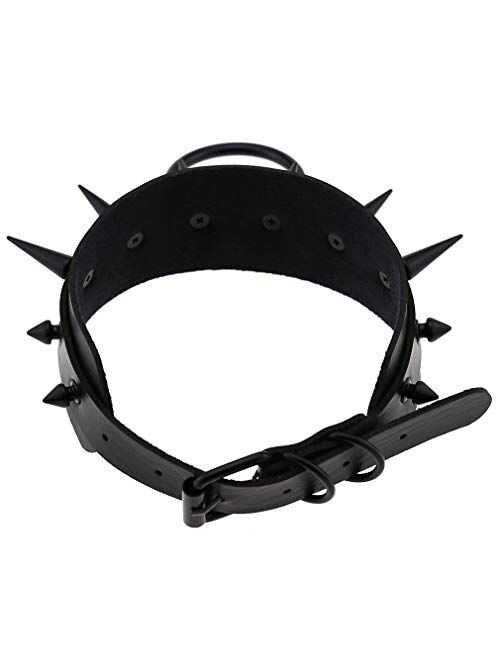 FM FM42 Punk Rock Gothic Emo Black-Tone/Silver-Tone Large O-Ring Spike PU Simulated Leather Choker Collar Necklace (15 Colors)
