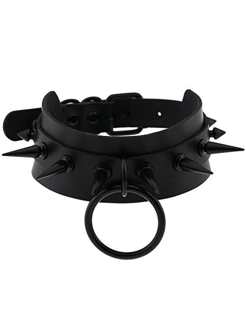 15 Colors FM FM42 Punk Rock Gothic Emo Black-Tone/Silver-Tone Large O-Ring Spike PU Simulated Leather Choker Collar Necklace 