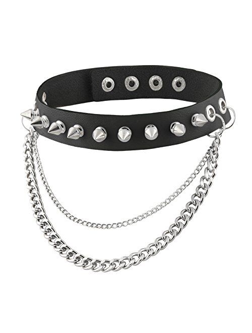 HZMAN Fashion Women Men Cool Punk Goth Metal Spike Studded Link Leather Collar Choker Necklace