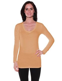 Active Products Womens Plain Basic Cotton Blend Deep V Neck T Shirt with Long Sleeves
