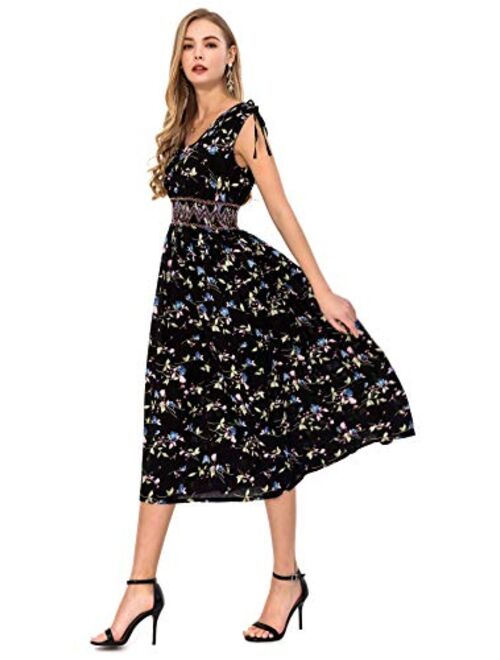 Wantdo Women's Maxi Dress Floral Print V Neck Casual Long Dress Plus Size
