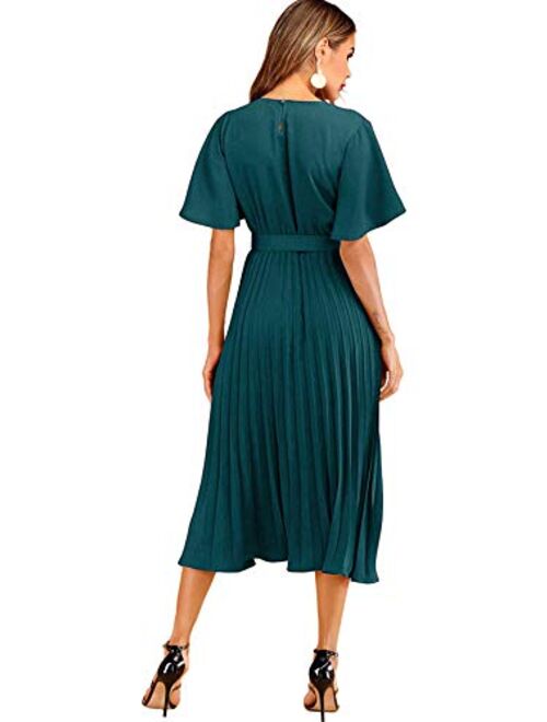 Milumia Women's Elegant Belted Pleated Flounce Sleeve Long Dress
