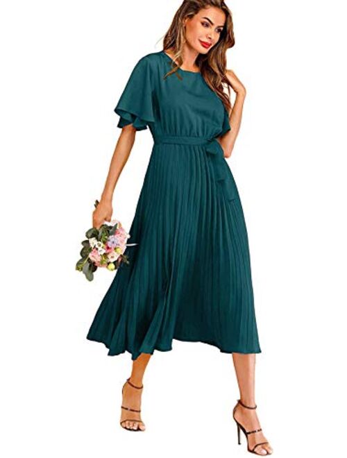 Milumia Women's Elegant Belted Pleated Flounce Sleeve Long Dress
