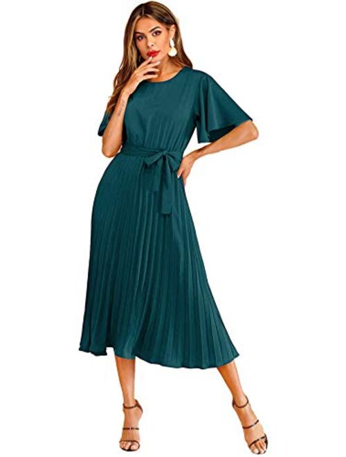 Milumia Women's Elegant Belted Pleated Flounce Sleeve Long Dress
