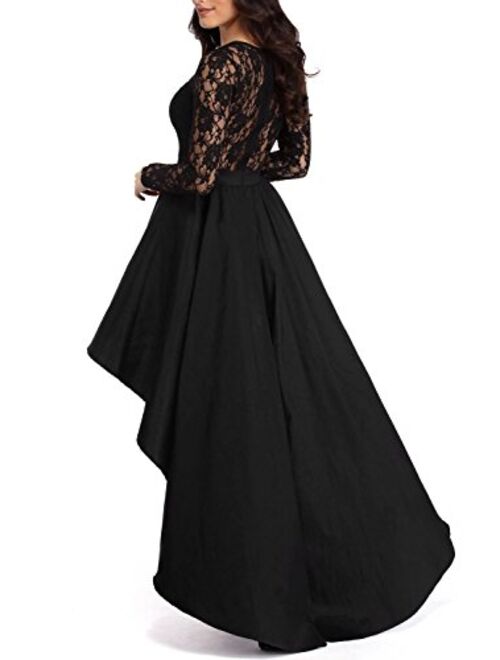 Elapsy Womens Long Sleeve Lace High Low Satin Evening Dress Cocktail Party Gowns