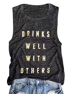 Drinks Well with Others Muscle Tank Tops Womens Funny Drinking Alcohol Sleeveless Letter Printed Graphic Tee Shirt Tops