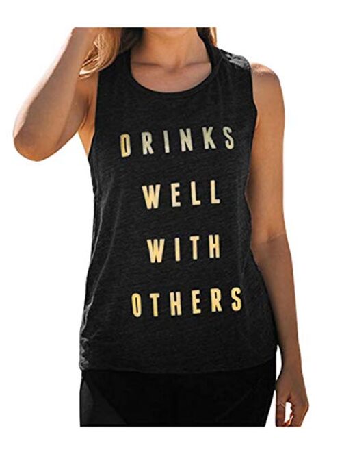Drinks Well with Others Muscle Tank Tops Womens Funny Drinking Alcohol Sleeveless Letter Printed Graphic Tee Shirt Tops