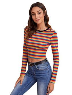 Women's Mock Neck Embroidered Letter Long Sleeve Striped Crop Top T Shirt