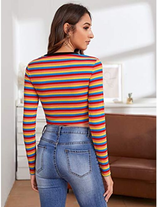 SweatyRocks Women's Mock Neck Embroidered Letter Long Sleeve Striped Crop Top T Shirt