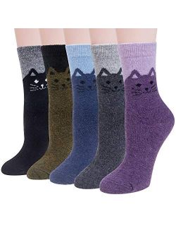5 Pairs Womens Wool Socks Winter Cute Cat Warm Socks Thick Knit Cozy Socks Gifts for Women