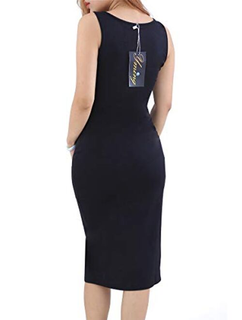 YMING Womens Zipper Front Dress Club Sleeveless Midi Bodycon Plus Size Midi Dress