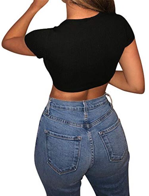 YMDUCH Women's Sexy Short Sleeve Button Knitted Ribbed Casual Basic Crop Top