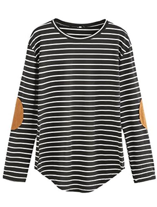 Milumia Women's Elbow Patch Striped High Low Top T-Shirt