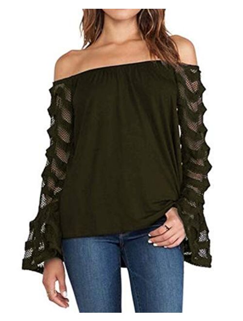 YOINS Women Tops Cold Shoulder Blouse Shirts Long Bell Sleeves Patchwork Lace Insert Fashion Tops