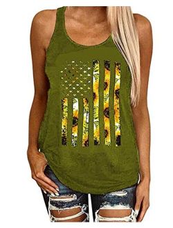 Ferrtye Womens Sunflower Tank Tops American Flag Sleeveless Summer Shirts Tops