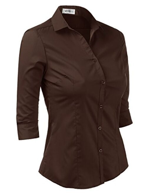 Doublju Womens Basic Slim Fit Stretchy 3/4 Sleeve Button Down Collared Shirt with Plus Size