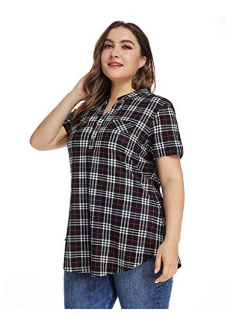 MONNURO Womens Plaid Shirts Henley V Neck Casual Loose Short Sleeve Tunic Tops T-Shirt Blouses