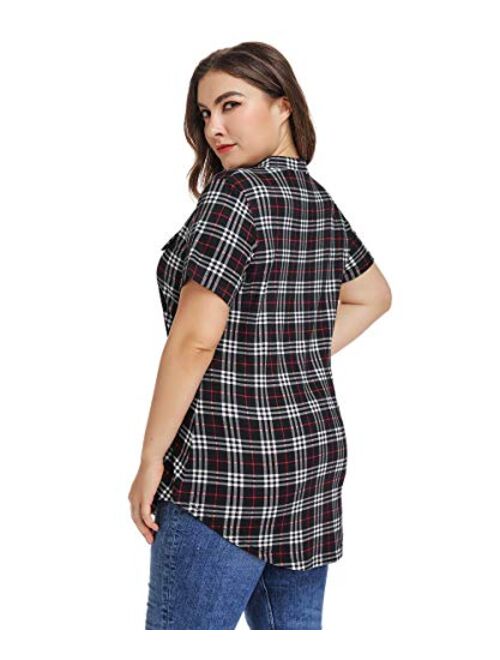 MONNURO Womens Plaid Shirts Henley V Neck Casual Loose Short Sleeve Tunic Tops T-Shirt Blouses