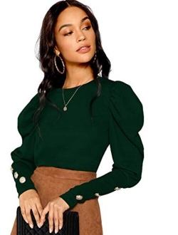 Women Puff Sleeve Button Round Neck Long Sleeve Tee Pullovers Tops