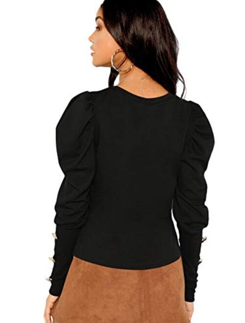 Milumia Women Puff Sleeve Button Round Neck Long Sleeve Tee Pullovers Tops