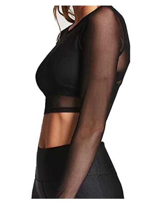 BelleLovin Women's Sheer Mesh Long Sleeve Crop Top Sexy Tee Blouse
