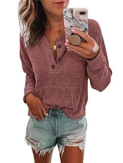 Womens V Neck Henley Shirts Pocket Ribbed Long Sleeve Button Down Tops Casual Loose Fit Tees