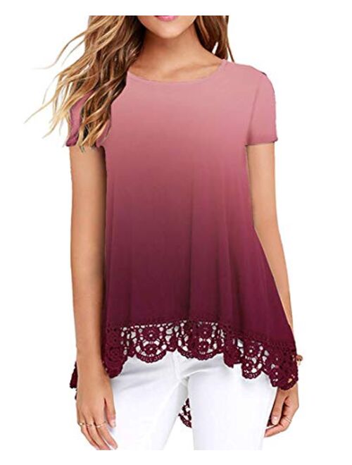 UUANG Women's O-Neck A-Line Lace Trim Casual Short Sleeve Tunic Blouse Tops
