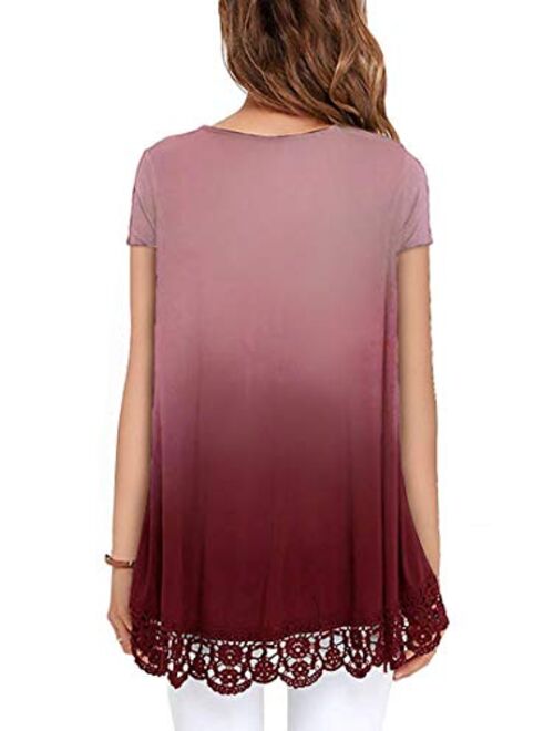 UUANG Women's O-Neck A-Line Lace Trim Casual Short Sleeve Tunic Blouse Tops