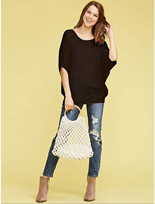 Lock and Love Women's Solid/Ombre Scoop Neck Short Sleeve Loose Blouse Batwing Dolman Top Oversize