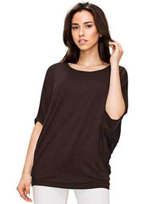 Lock and Love Women's Solid/Ombre Scoop Neck Short Sleeve Loose Blouse Batwing Dolman Top Oversize