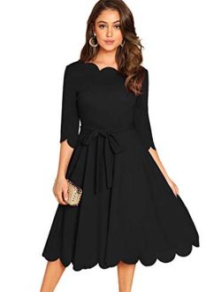 Women's Elegant Belted 3 4 Sleeve Fit Flare Cocktail Scallop Dress