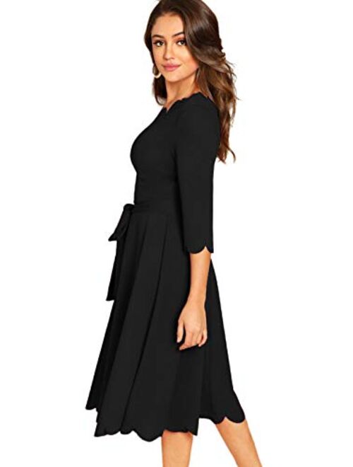 Milumia Women's Elegant Belted 3 4 Sleeve Fit Flare Cocktail Scallop Dress