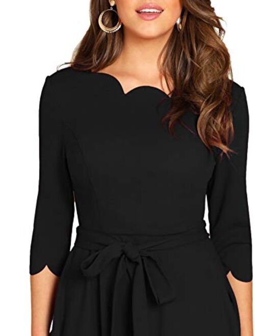Milumia Women's Elegant Belted 3 4 Sleeve Fit Flare Cocktail Scallop Dress