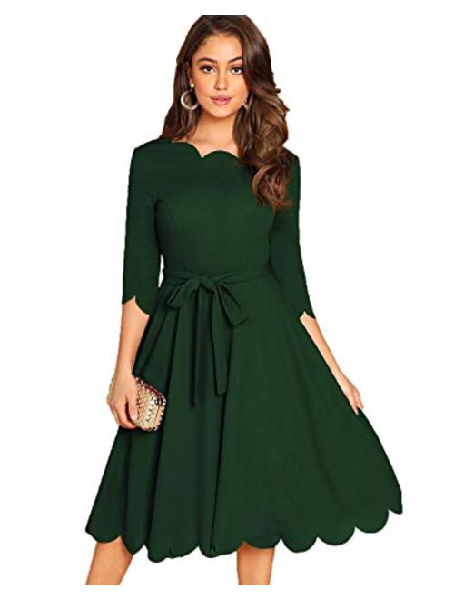 Milumia Women's Elegant Belted 3 4 Sleeve Fit Flare Cocktail Scallop Dress