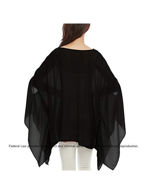 Max Hsuan Women's Loose Solid Sheer Chiffon Caftan Poncho Batwing Tunic Top Blouse Summer Oversized Shirts